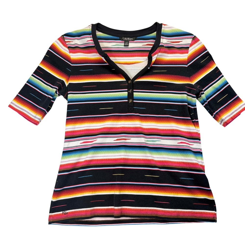 Lauren Ralph Lauren Henley Top Womens L Multicolor Striped Cotton 3/4 Sleeve